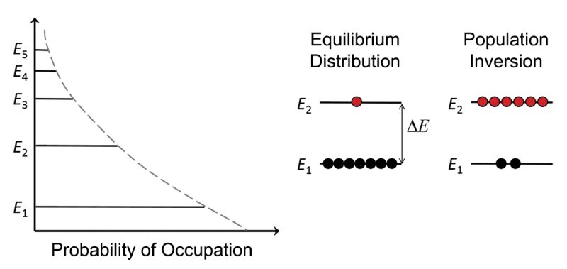 Probability that an atom occupies an energy level of an atom in thermal equilibrium and population distributions for conditions of equilibrium and population inversion